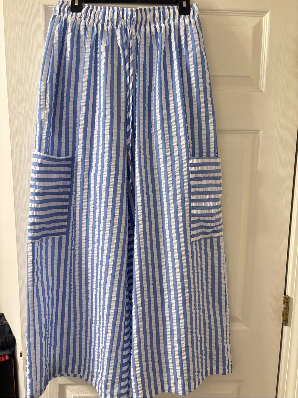 Blue and White Striped Wide-Leg Pants with Pockets